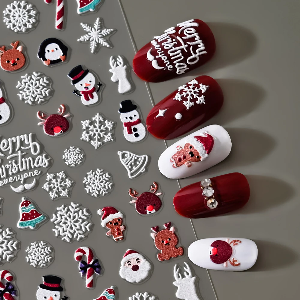 Christmas 5D Embossed Snowman Snowflakes Nail Sticker Cartoon Santa Claus Elk Winter Decal Slider New Year Manicure Decorations