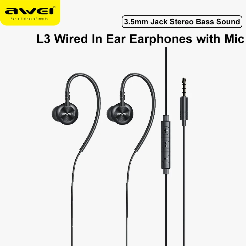 

Awei L3 Wired Earphones 3.5mm Jack In Ear Earbuds Stereo Bass Sound Earphones Handfree Headset With Microphone for Smartphones