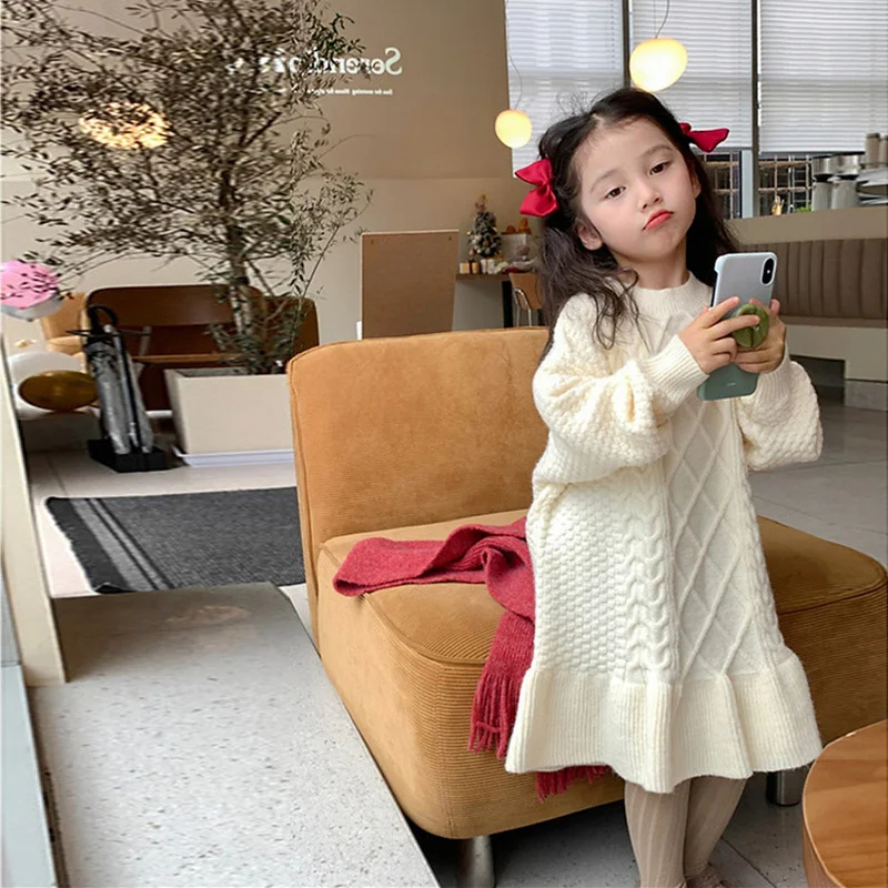 Girls Thicken Knitted Dress Children Autumn Winter Warm Gown Princess Sweaters Vestidos 2024 New Kids Fashion Clothing 2-8Y