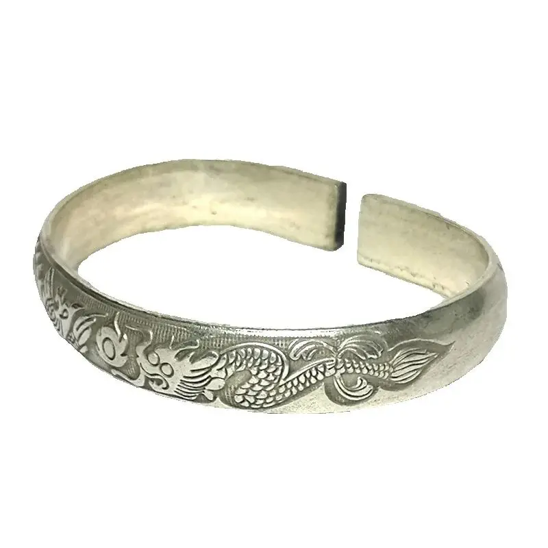 YIZHU CULTUER ART Size 62 mm Old Chinese Tibet Silver Handmade lucky Dragon and Phoenix Bracelet Decoration Gift Collection