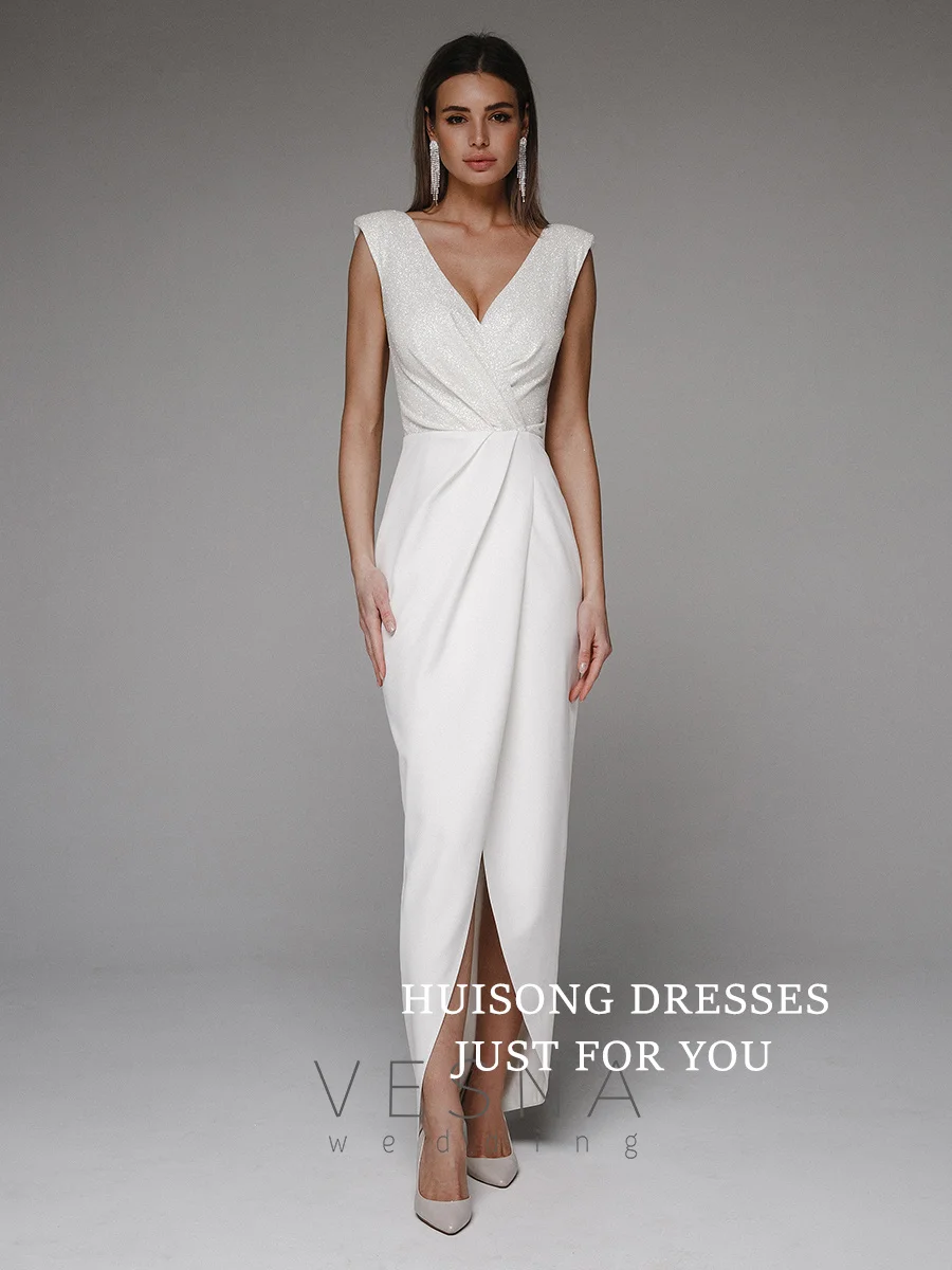 

HUISONG Customized Glitter Mermaid Wedding Dresses V-Neck Sleeveless Beach Bridal Gown свадебное платье