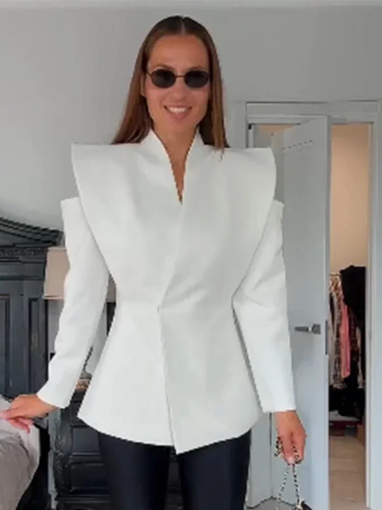 

Women Elegant Wide Shoulder Coats V Neck Full Sleeve Waist Cinching Blazer Coat 2025 Lady Fashion Solid Commute Cropped Jackets