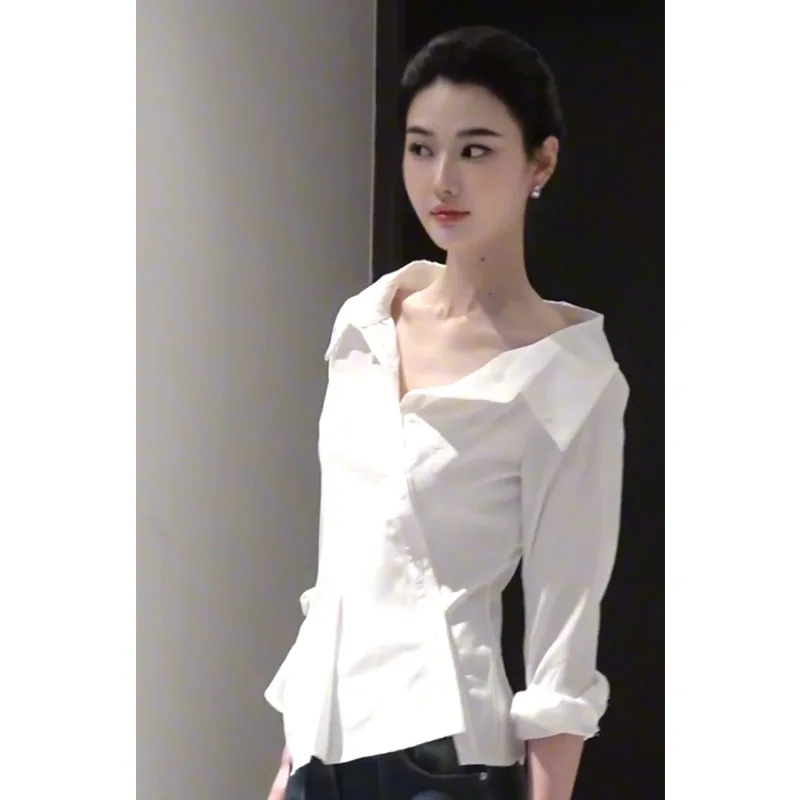 

White Long Sve Slim Fit Women's irt Waist Cinching Side Button Design Autumn New Sle Korean Faion Top Quali Premiu...
