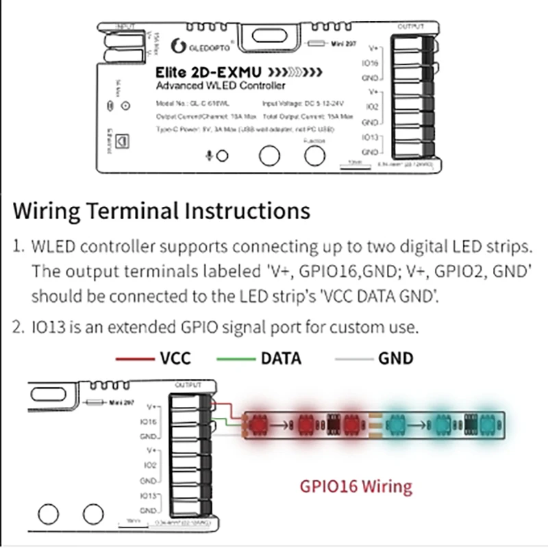 (GL-C-616WL) Elite Advanced WLED Controller ESP32 Music Reactive Ethernet Port 5-24V Addressable LED Strip Controller