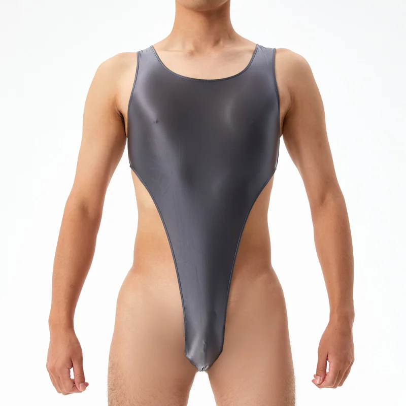 Mens Sexy Bodysuit Oil Glossy Silky Swimsuit Perspective T Crotch Tights High Elastic Large Size Seamless High Fork Swimwear