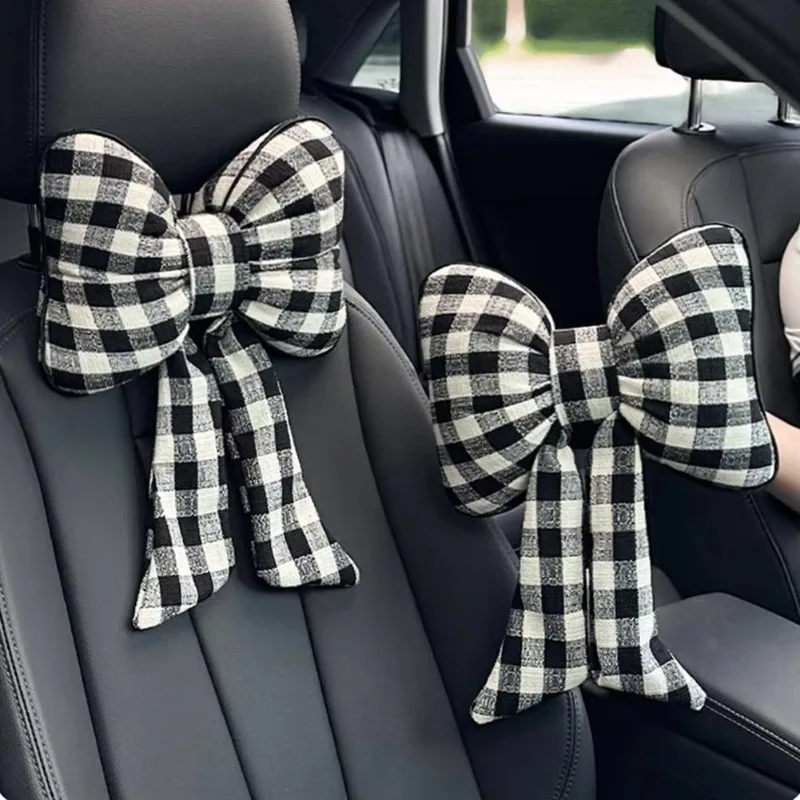 Cute Bow Shaped Headrest Pillow For Cars Stuffed Checkered Knot Neck Throw & Lumbar Pillow for Cars Couch Living Room Decoration