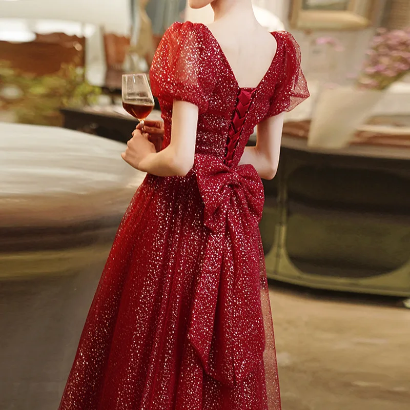 

N11160 Винно-красное платье для выпускного вечера с v-образным вырезом и короткими рукавами и бантом Sweet Memory Элегантные женские платья длиной до пола для торжественных случаев