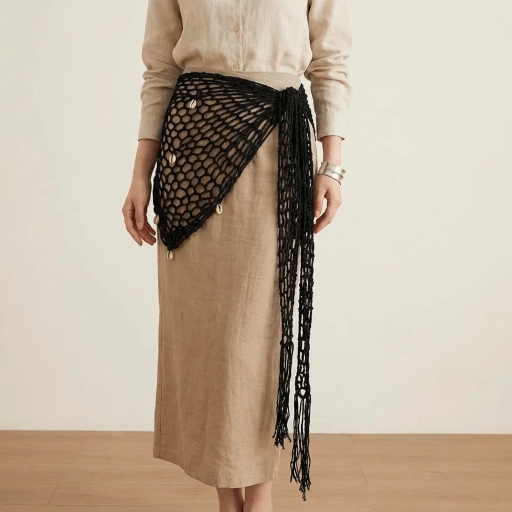 vintage-solid-color-triangle-hip-scarf-shell-mesh-crochet-short-skirt-wrap-detachable-sophisticated-waist-belt-outing