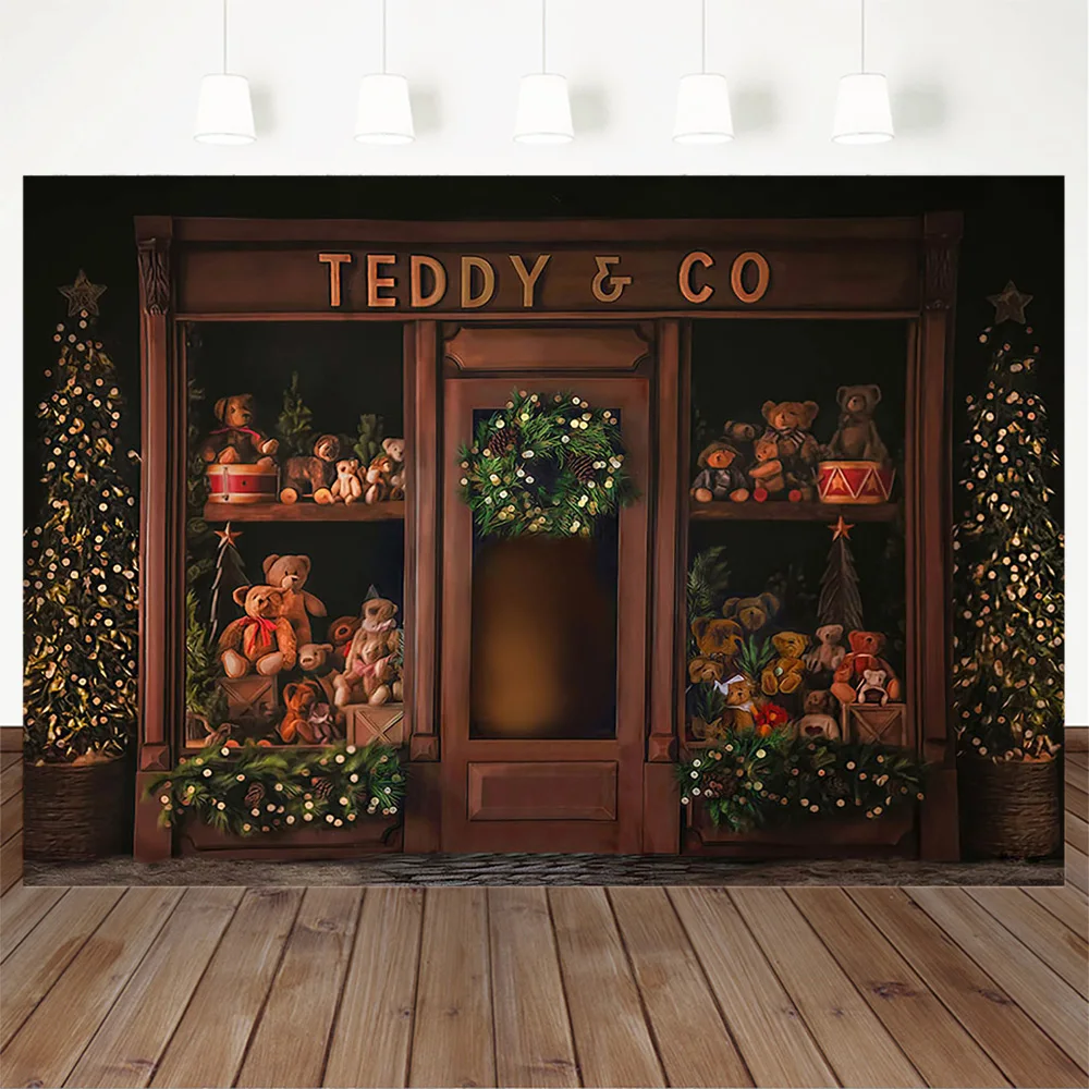 Christmas Teddy Toy Bear Shop Poster Backdrop Brown Retro Wooden Door Xmas Tree Wreath Background Decor Booth Studio Photoshoot