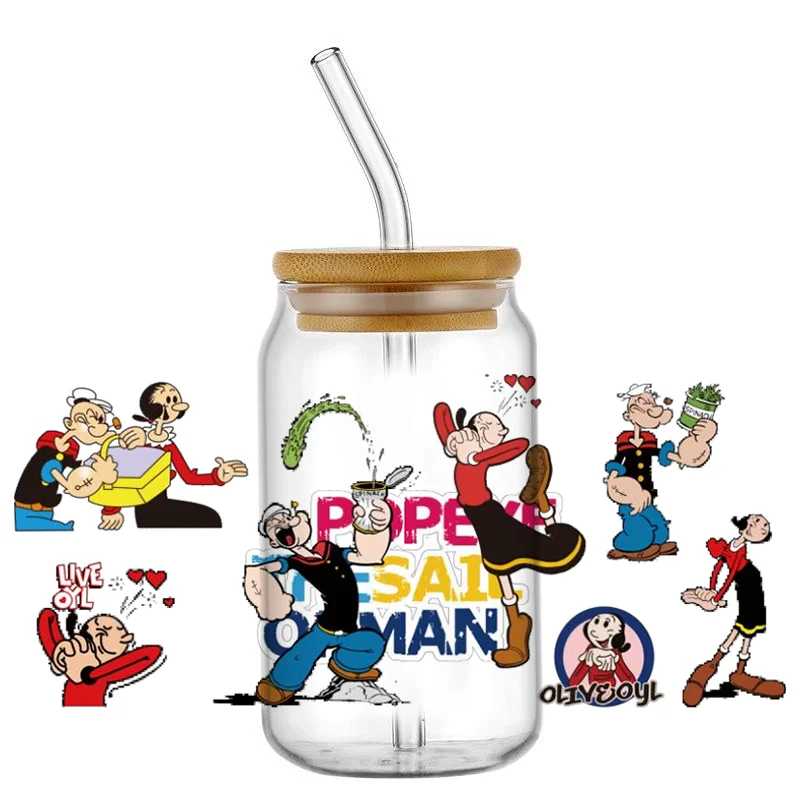 السبانخ عاشق الأشعة فوق البنفسجية DTF نقل ملصق بوباي بحار ملصق مائي كأس التفاف ل 16 أوقية ليبي نظارات لتقوم بها بنفسك قابل للغسل القدح ملصق #2