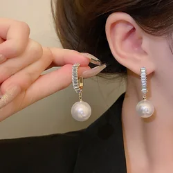 New Trendy Imitation Big Pearl Stud Earrings for Woman Korean Charm Elegant Crystal Zircon Earrings Wedding Bride Party Jewelry