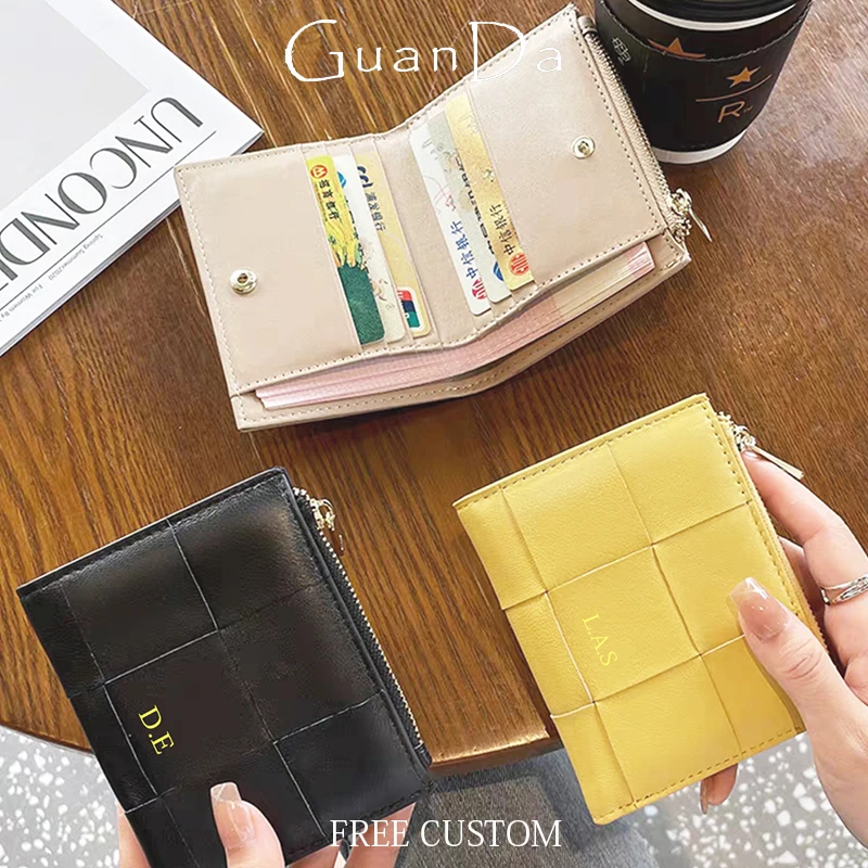 

Luxury Designer Wallet Woman Sheep Skin Custom Name Weave Fashion Card Holder Knitting Genuine Leather Card Wallet Coin Purse