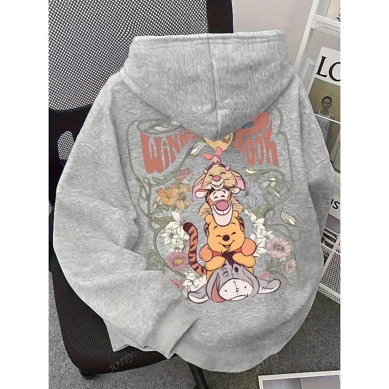 سويت شيرت نسائي بقلنسوة من Disney - بلوفر شتوي مطبوع عليه زهور من Winnie The Pooh and Friends بتصميم شخصية لطيفة للارتداء اليومي #4