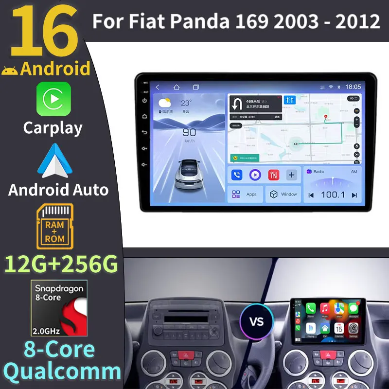 Android 16 Car Radio For Fiat Panda 169 2003 2004 2005- 2012 Carplay Auto GPS Navigation 360 Camera Stereo 2 Din Video Player BT