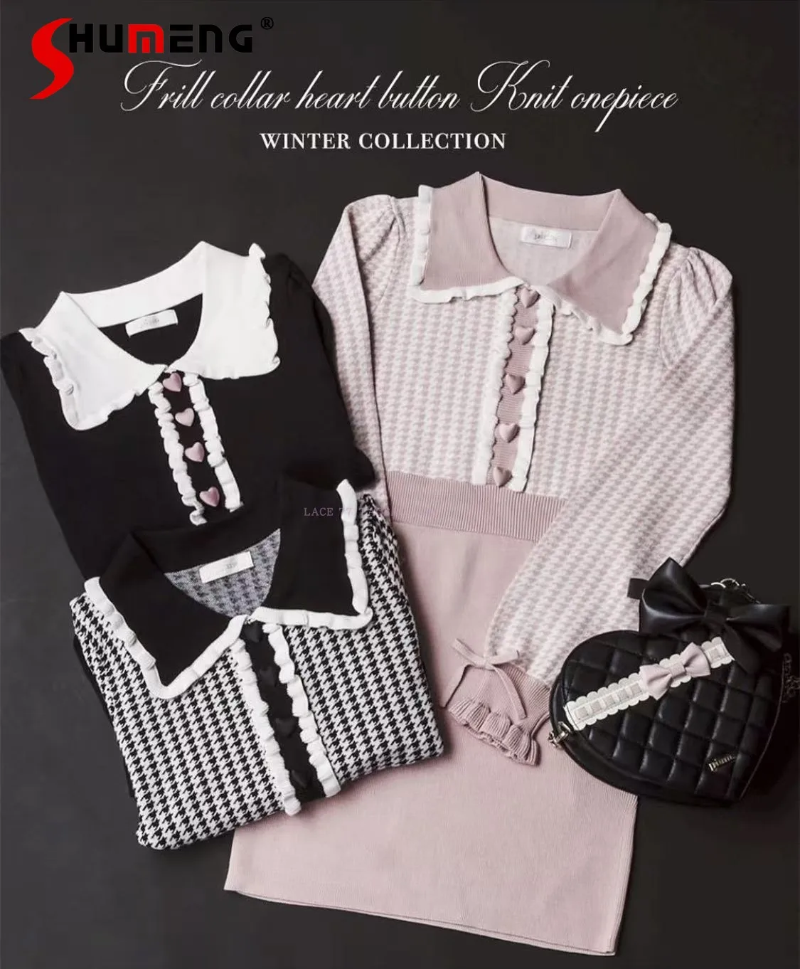 

Japanese Style Elegant Socialite Knitted Bodycon Dresses Turn-down Collar Long Sleeves Heart Button Plaid Short Dress for Women