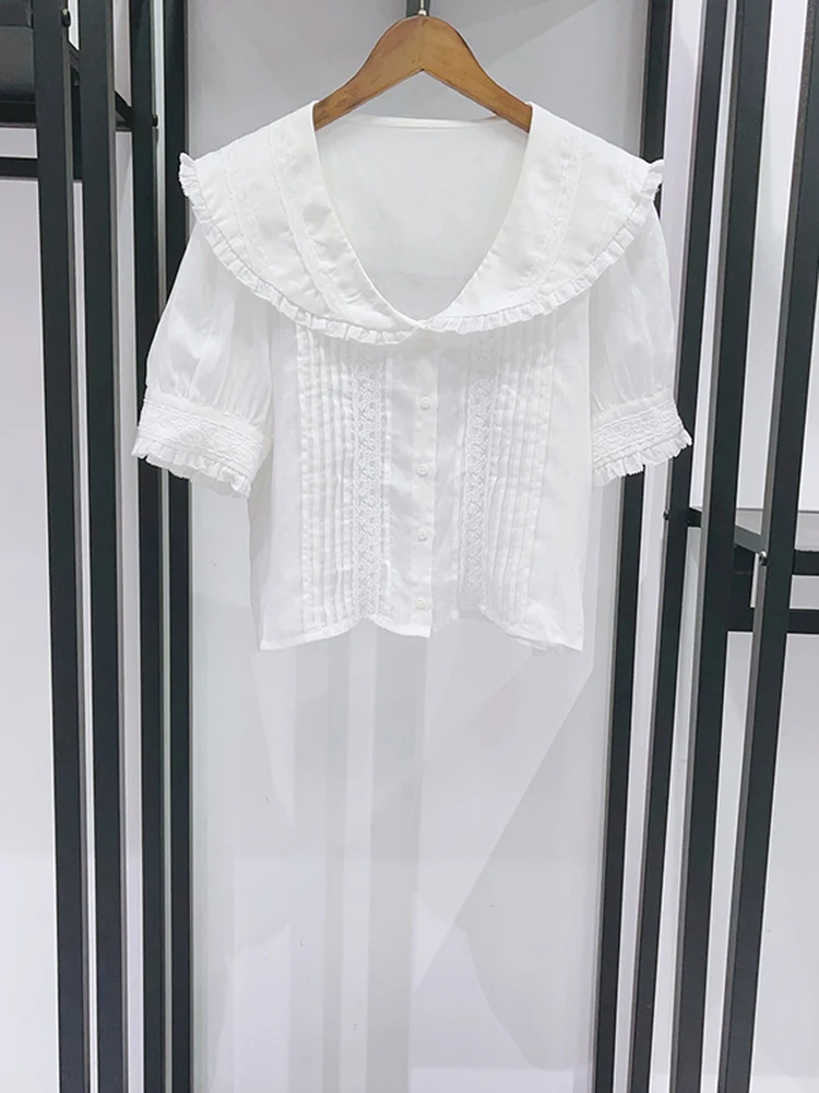 

French Style Lace Hollow out Lady Shirt Breathable Doll Collar Five Sleeve Women's Top Summer 2026 Slim Fit Bubble Sleeve