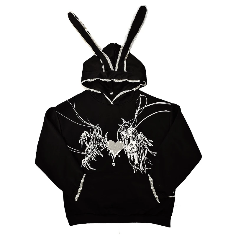 เสื้อฮู้ดแขนยาวสไตล์ฮาราจูกุ คาวาอี้ สำหรับผู้หญิง สไตล์ลำลองแบบญี่ปุ่น แต่งลูกไม้หูกระต่าย เสื้อสเวตเชิ้ตสไตล์หวานแบบกอธิค พิมพ์ลาย ฤดูใบไม้ร่วง 2025