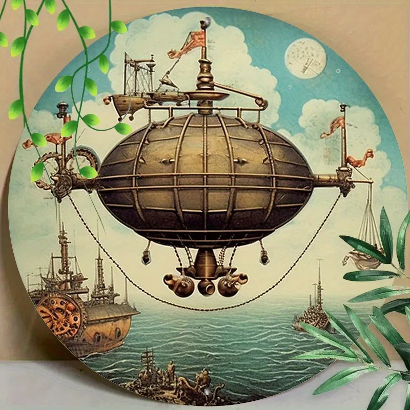 Vintage Airship Steampunk Wall Art,  Round 7.87inch Metal Sign, Aluminum Hanging Decor for Office, Bedroom, Bar, Living Room