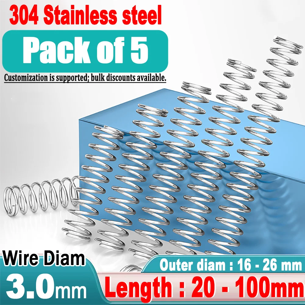 

5pcs 304 Stainless Steel Compression Springs 3.0mm Wire Dia 16mm-26mm OD 20mm-100mm L Small Coil Springs for DIY, Repair