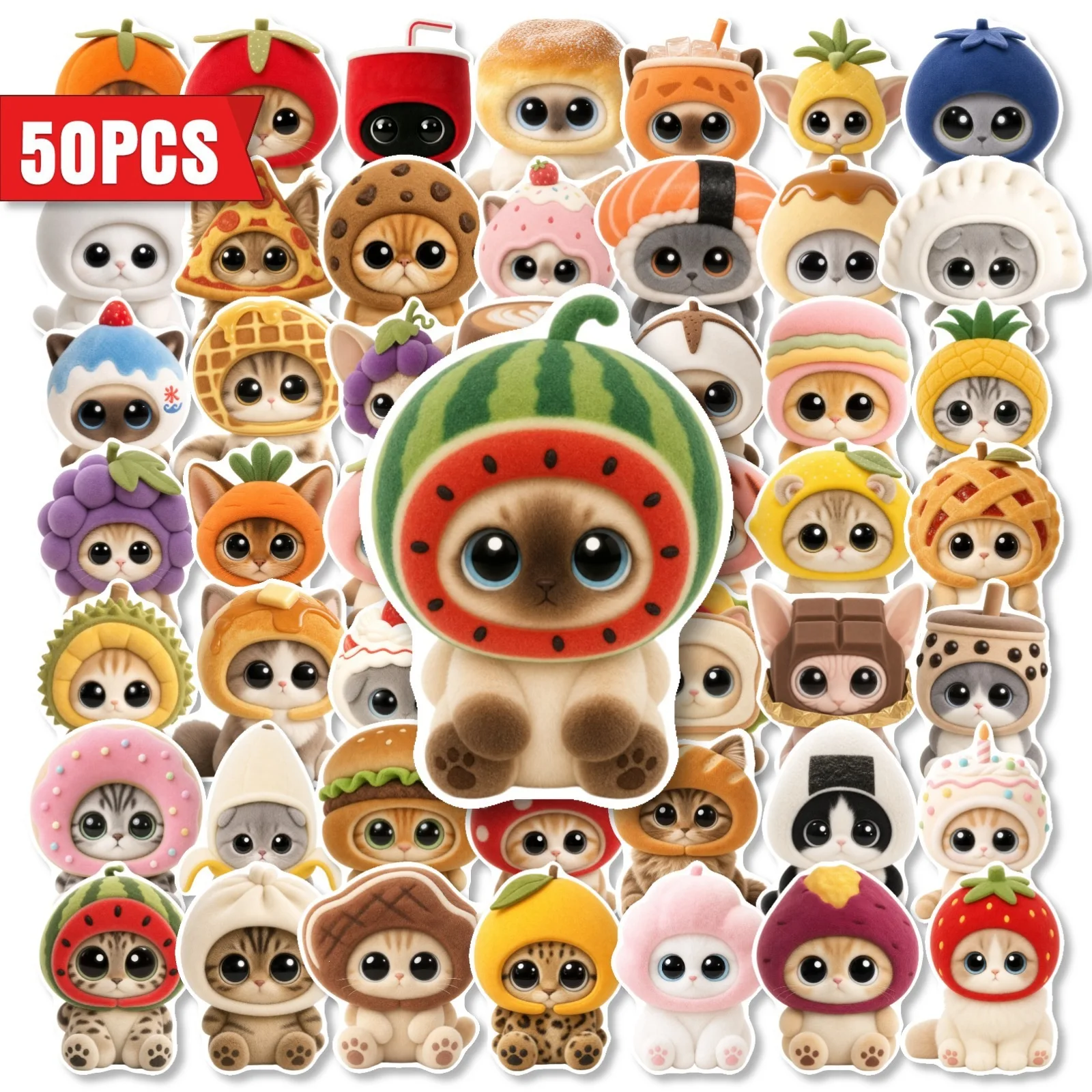 50Pcs Kawaii Fruit Food Hat Siamese Cat Waterproof Stickers Cute Cartoon Kitten Decals Laptop Water Bottle Guka Notebook DIY