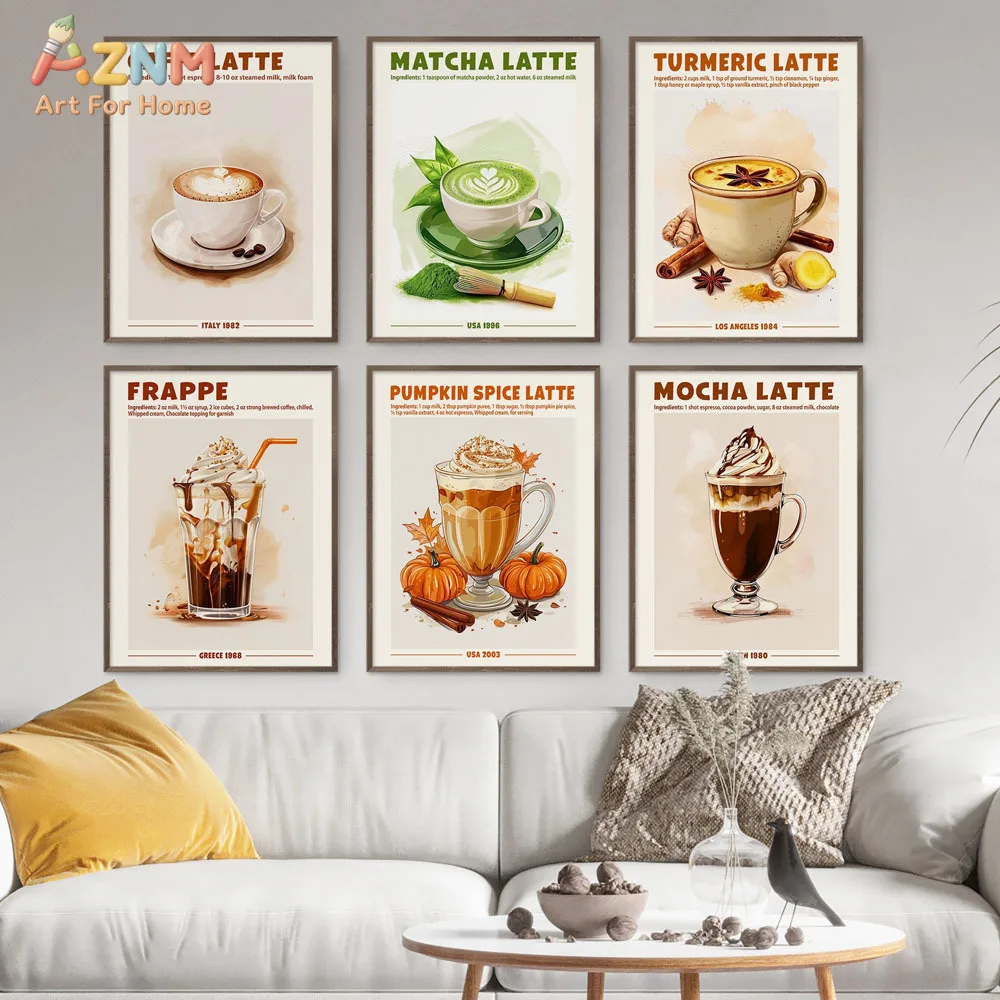AZNM Coffee Lover Canvas Wall Art Caffe Latte Matcha Pumpkin Spice Mocha Recipe Print Unframed Aesthetic Kitchen Cafe Decor Pain