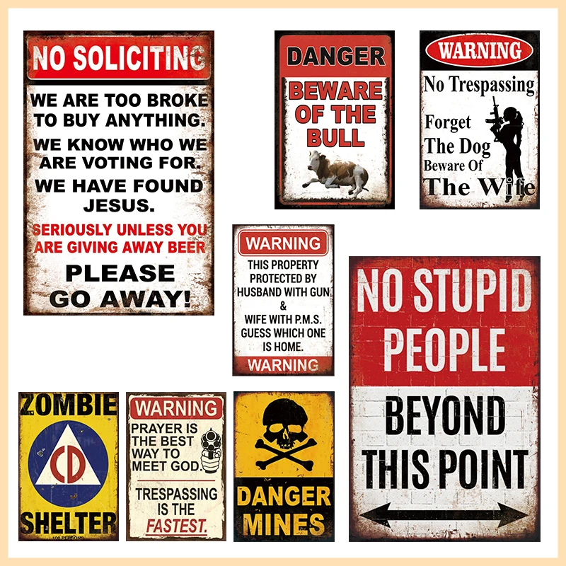 Sarcastic Funny Metal Tin Signs Warning No Soliciting Zombie Shelter Retro Wall Decor for Garage Garden Bar Man Cave Gift Plaque