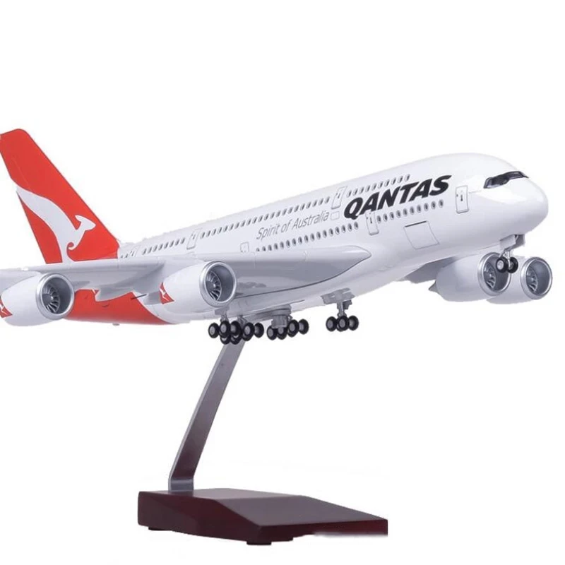 1/160 Scale Diecast Resin 46cm A380 Air Bus Passenger Aircraft Australia Airplane Model Qantas Airways with Cabin Lights Gift