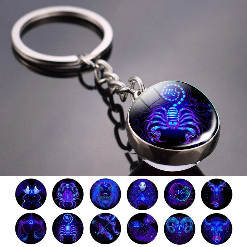 12 Constellation Keychain Fashion Double Side Cabochon Glass Ball Keychain Zodiac Signs Jewelry For Men For Women Birthday Gift