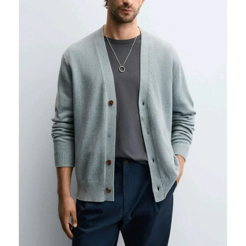 

Мужской длинный све V-Ne из смеси хлопка и верблюжьего цвета, приталенный прямой вязаный кардиган, повседневная одежда из полиэфирного волокна