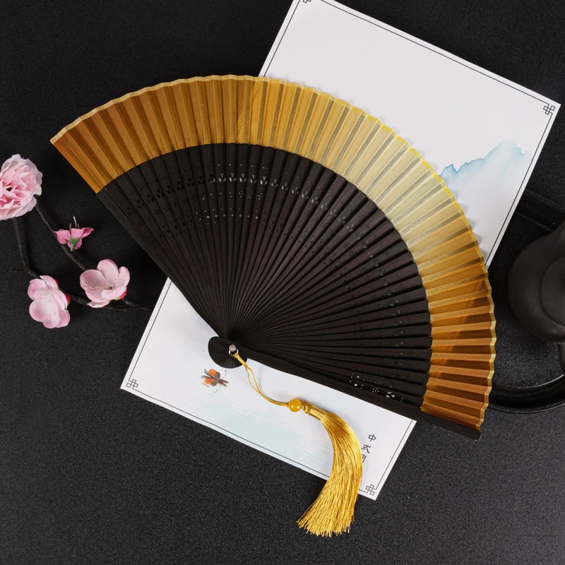 Retro Chinese Style Folding Fan Bamboo Wooden Silk Dance Fan with Tassel Female Wedding Party Performence Hand Held Fan Props