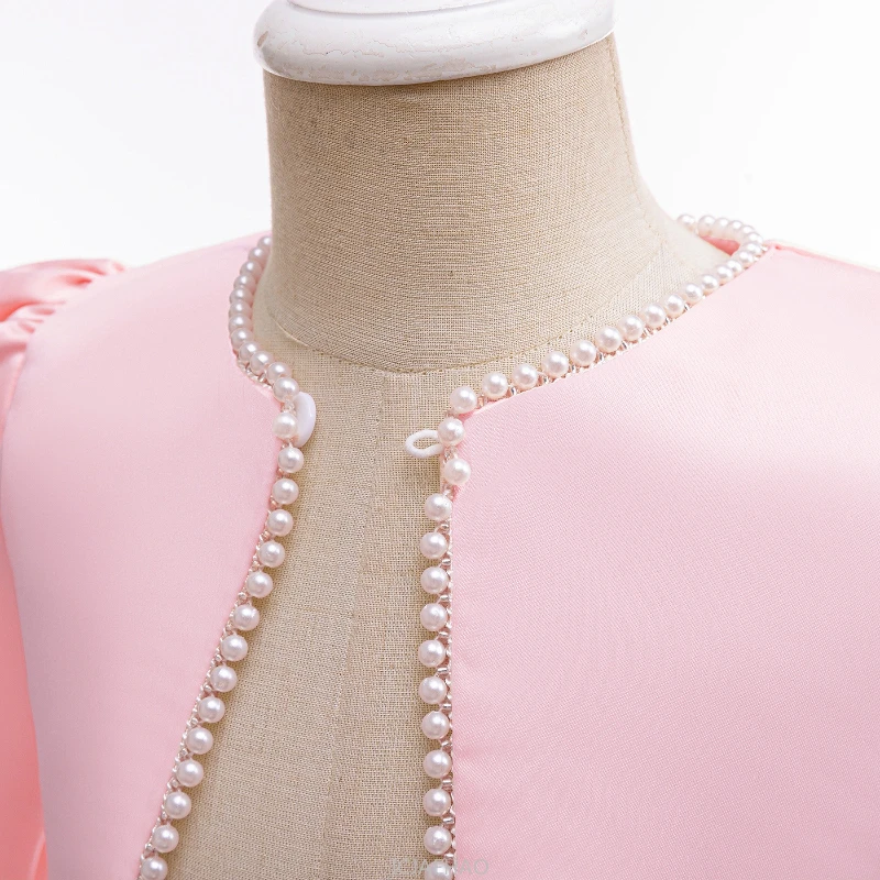 Wed Dress Pink Kids Girls Sleeveless Bow Dresses Tulle Skirt Children Pearl Long Sleeve Single Button Coat 2 Piece Satin Set - view 6