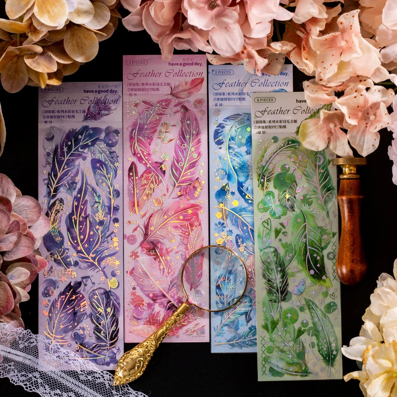 2Sheet Stickers Feather collection Watercolor Gold Bronzing Bottle Deco Scrapbooking Collage Colorful Material Paper 23*6.5CM