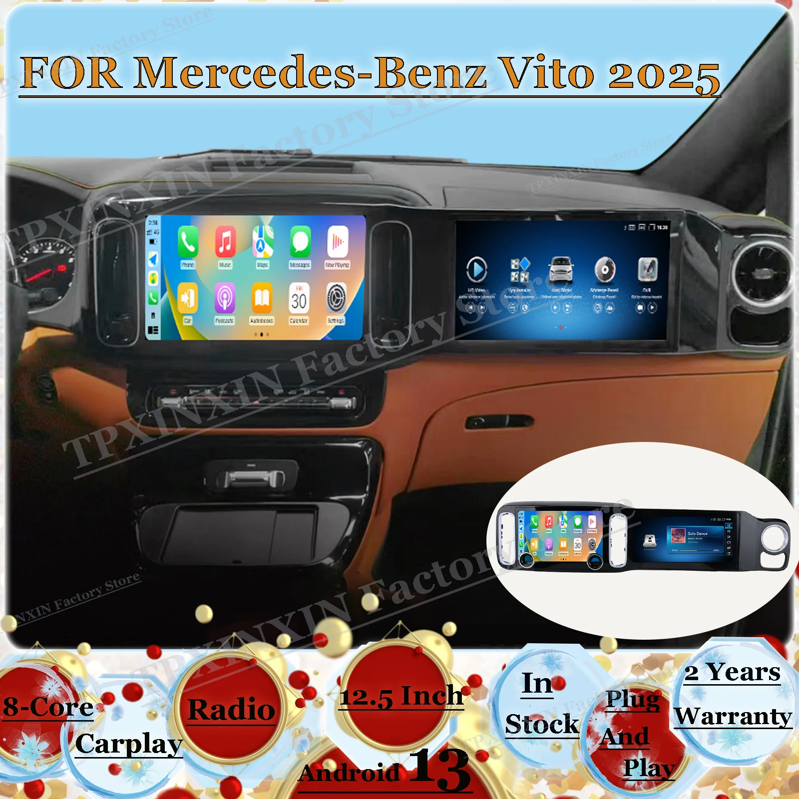 For Mercedes-Benz Vito 2025 Qualcomm Android Auto Multimedia Stereo Receiver GPS Navigation Radio Audio AI Voice IPS Head Unit