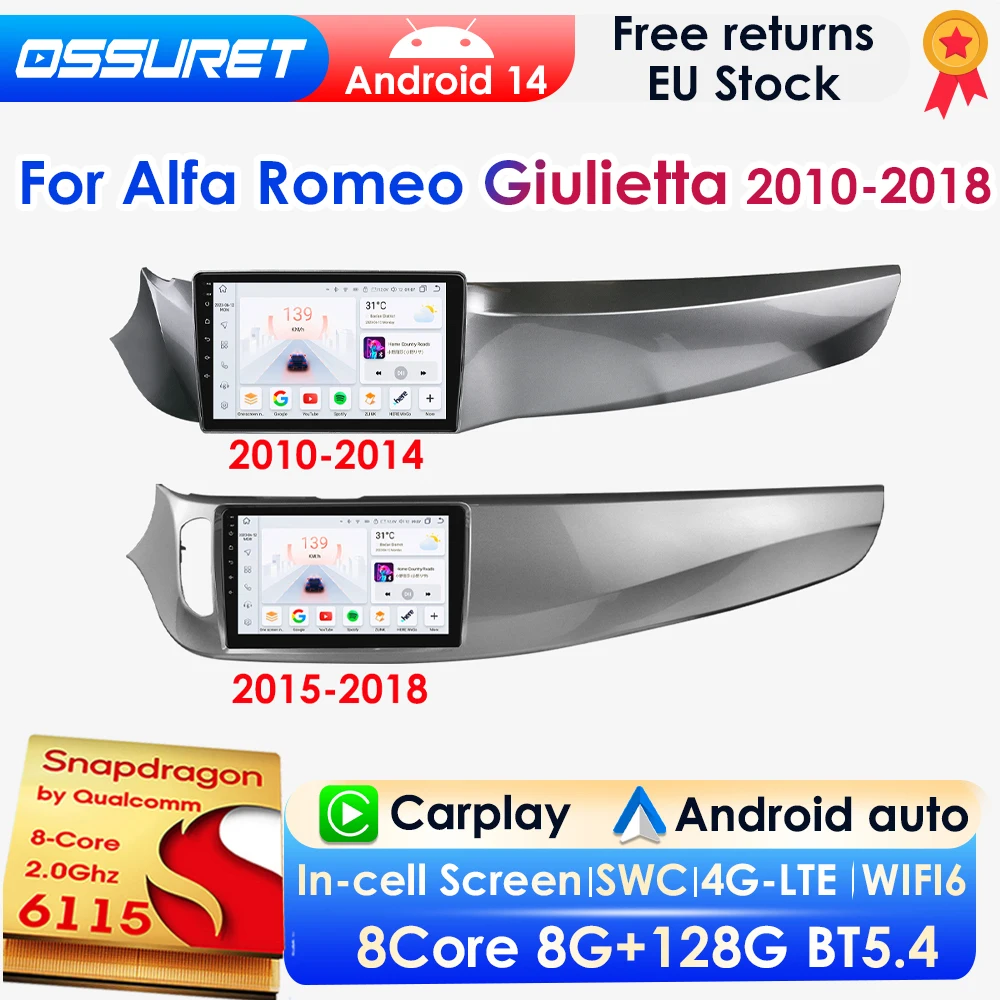 OSSURET Android 14 autoradio pour Alfa Romeo Giulietta 2010-2018 voiture multimédia GPS Carplay 4G DSP BT 360 caméra par Snapdragon6115