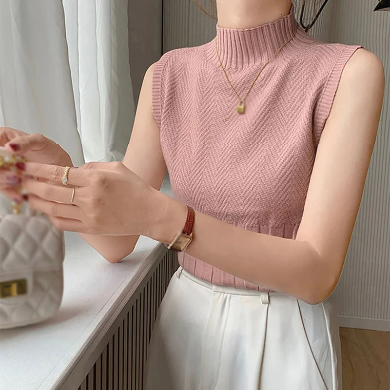 Korean Style Solid Color Half High Neck Knitted Sleeveless Top Casual Vibes Women T Shirt