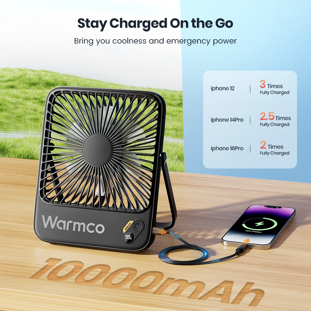 Warmco D3 Portable Desk Fan Rechargeable 10000mAh Battery Personal Fan,Quiet 4 Speed 180° Tilt Folding Small Fan Office Home image 4
