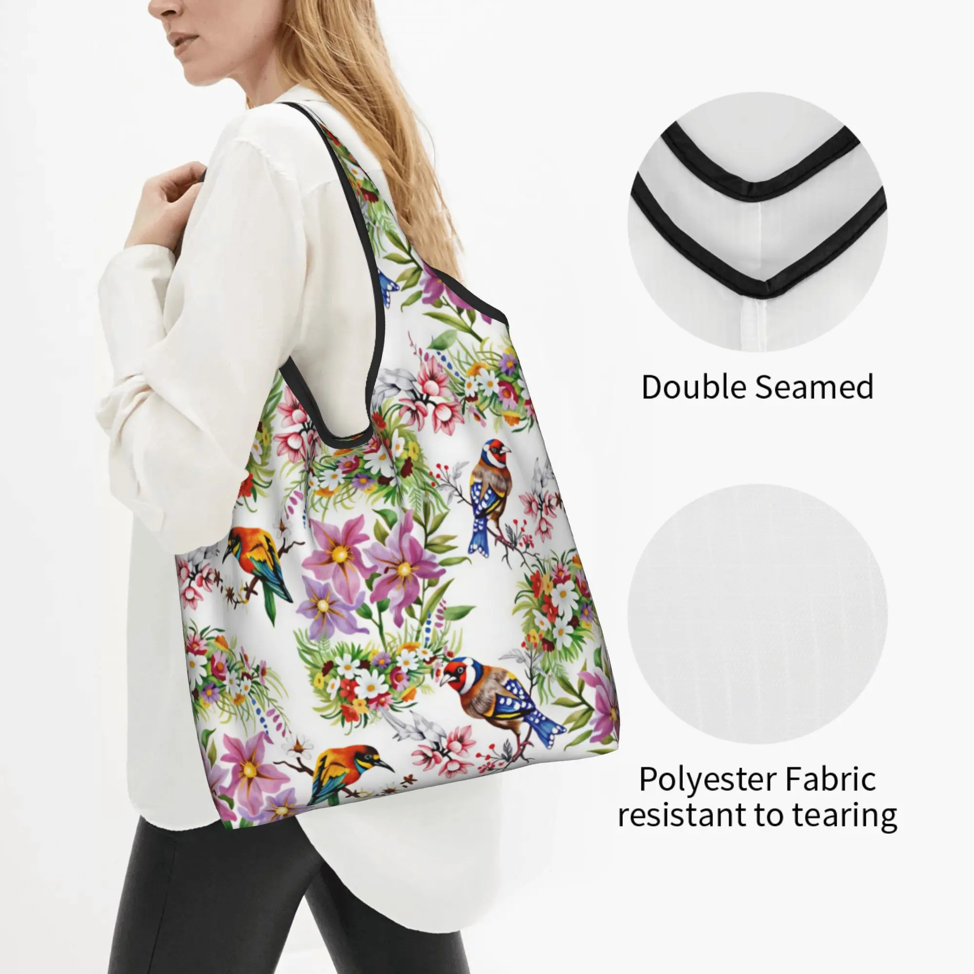 Luxury Watercolor Birds And Plant Flowers Groceries Shopping Bags Fashion Shopper Shoulder Tote Bag  Portable  Handbag