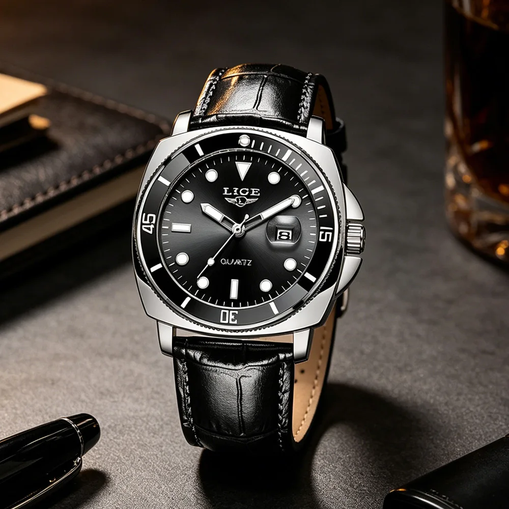 Montre à quartz pour homme LIGE, nouvelle collection, personnalisée, étanche, avec lumière nocturne, calendrier, montre à quartz tendance pour homme