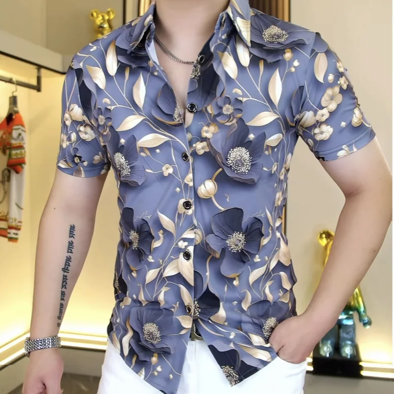 

2025 Summer Ice Silk Jacquard Short Sleeved Men's Shirt Elastic Cool Lapel Casual Business Streetwear Shirts Men Clothing
