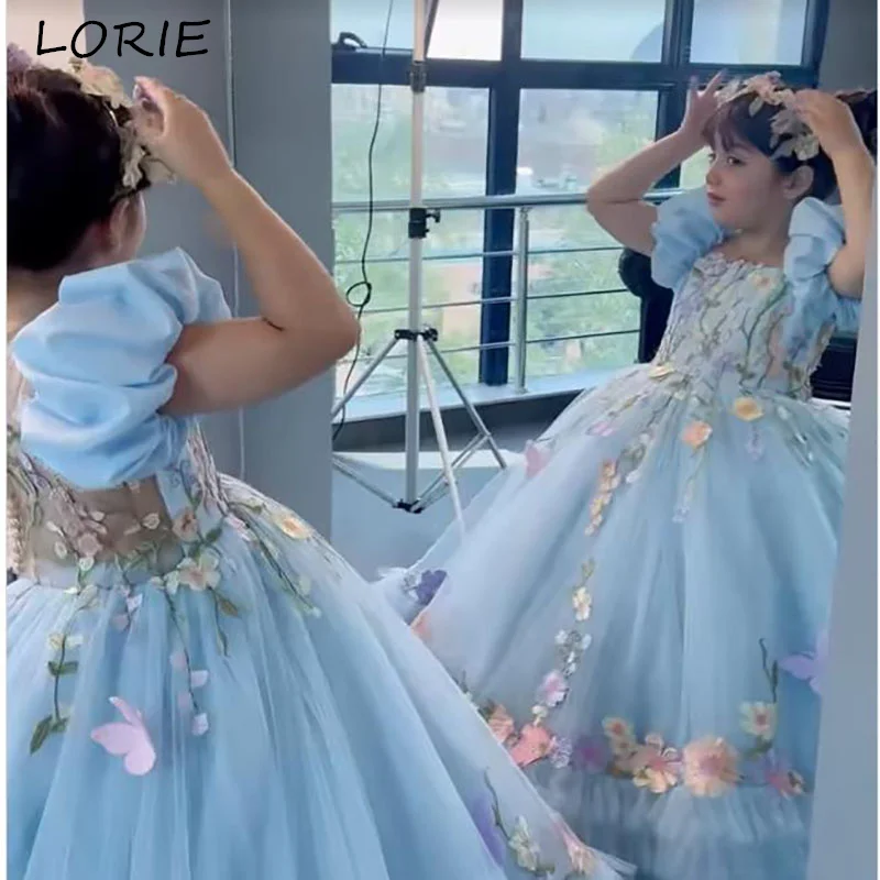 

LORIE 3D Flower Puff Slevee Girl Party Dress Squared Neck A-Line Lace Flower Girls Dress Bow Mini birthday Girls dressCustomized
