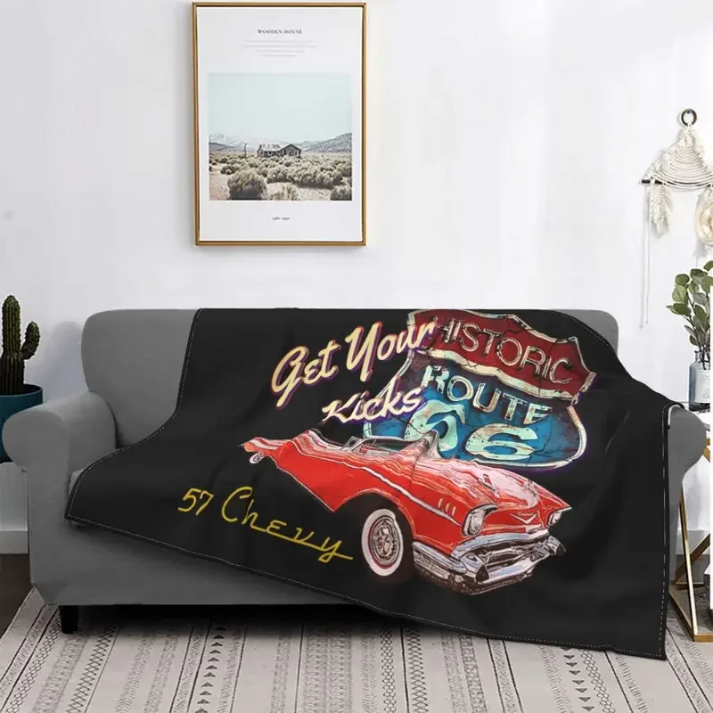 

1957 Route 66 Vintage Retro Classic Flannel Blanket Car Street Antique Vintage Throw Blankets for Bed Sofa Couch Bedspreads