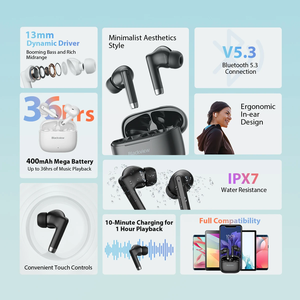 Blackview Airbus 4 TWS Bluetooth 5.3 Wireless Headphones Stereo Bass In Ear Headphones with Mic for Phone Calling Siri