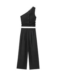 TRAFZA Summer Female New Suits Sleeveless Pockets Single Breasted Asymmetry Vest Top+Zipper Pajama Style Pleated Pants Mujer