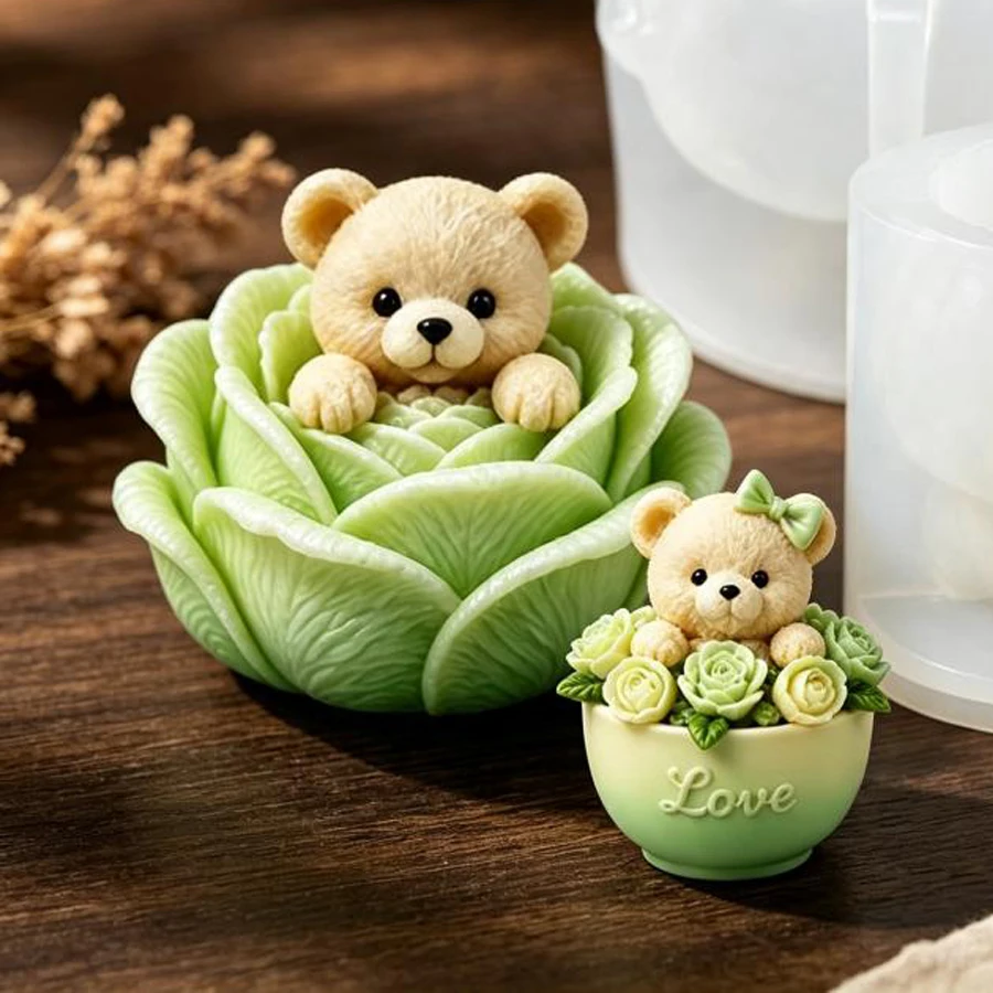 3D Niedliche Rosenblüten-Bären-Silikonform für Kerzen, DIY Bären- und Blumenförmige Kerzen-Gips-Seifen-Handwerksform, Valentinstagsgeschenk – Detail 6