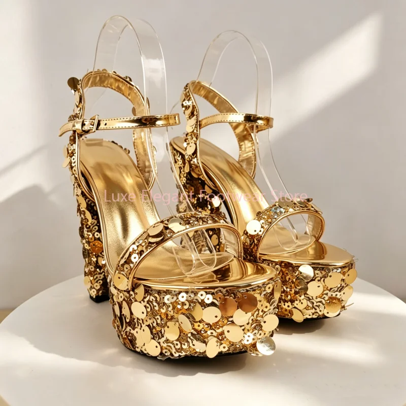Gold Sequin Ankle Wrap Platform Block Heel Sandals Women Silver Buckle Strap Open Toe High Heels Luxury Glitter Party Dress Shoe