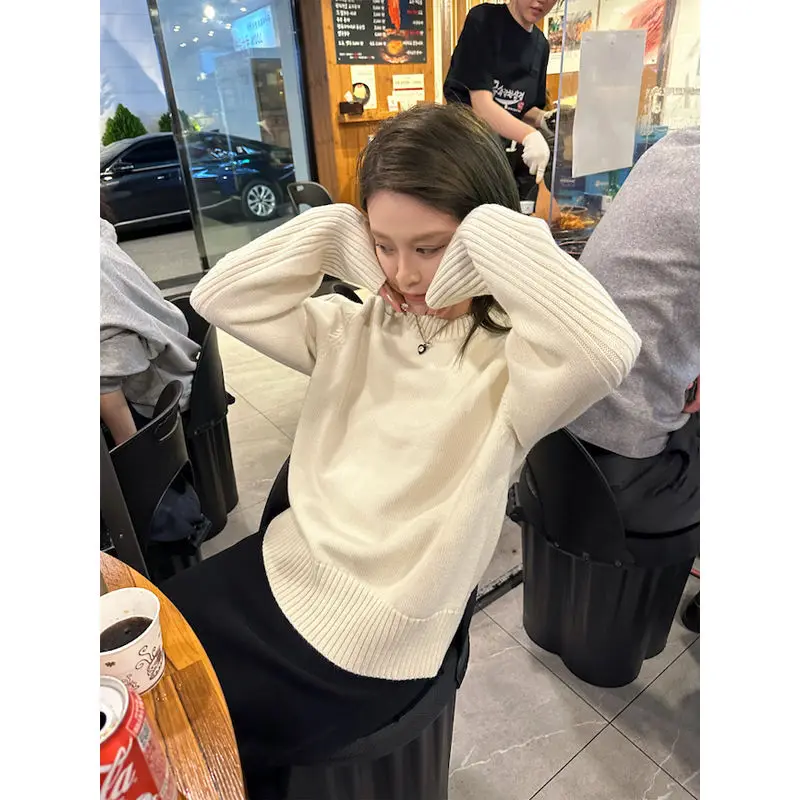 Deeptown Basic White Women Sweaters Long Sleeve Korean Fashion Pullovers Harajuku Autumn Loose Casual Warm Old Money Elegant