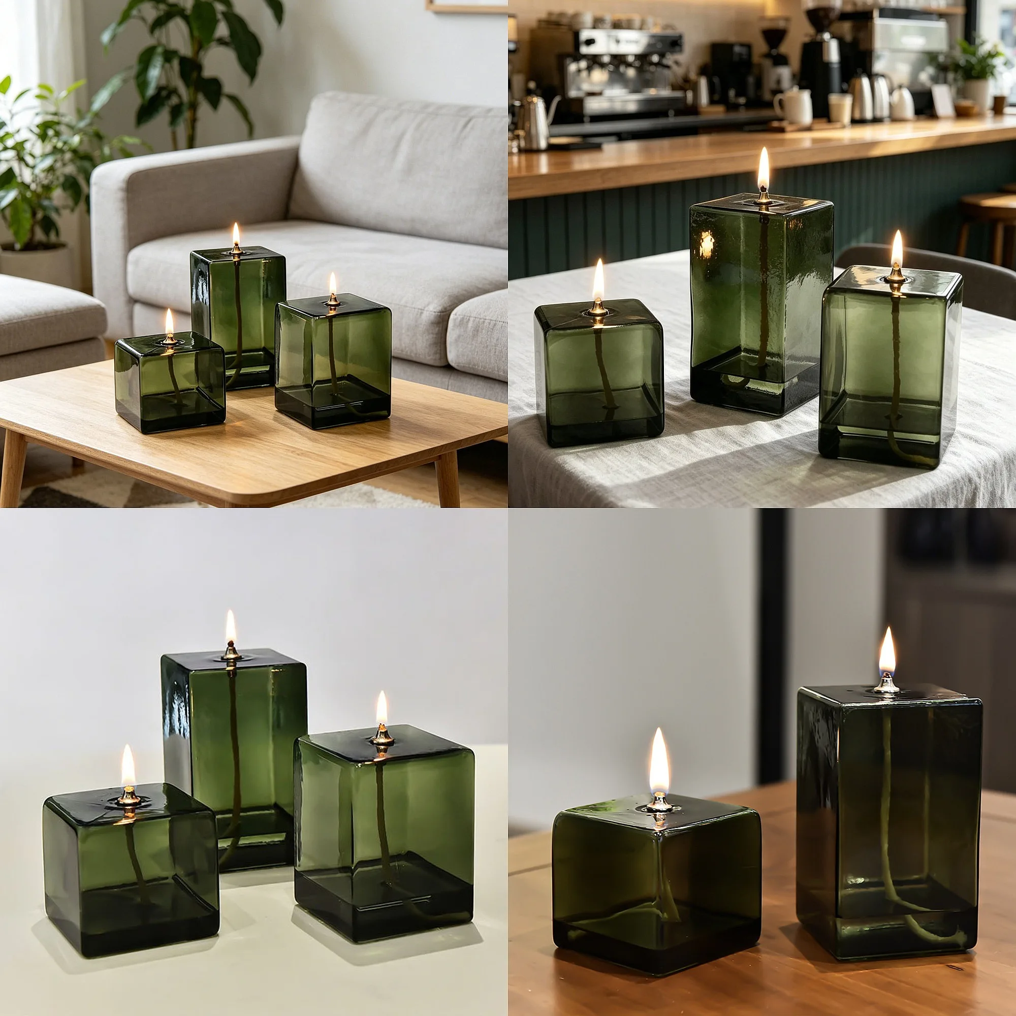 European Glass Candle Holder Creative Smokeless Oil Lamp Green Color Square Candle Holder Home Desktop Decoration Gift