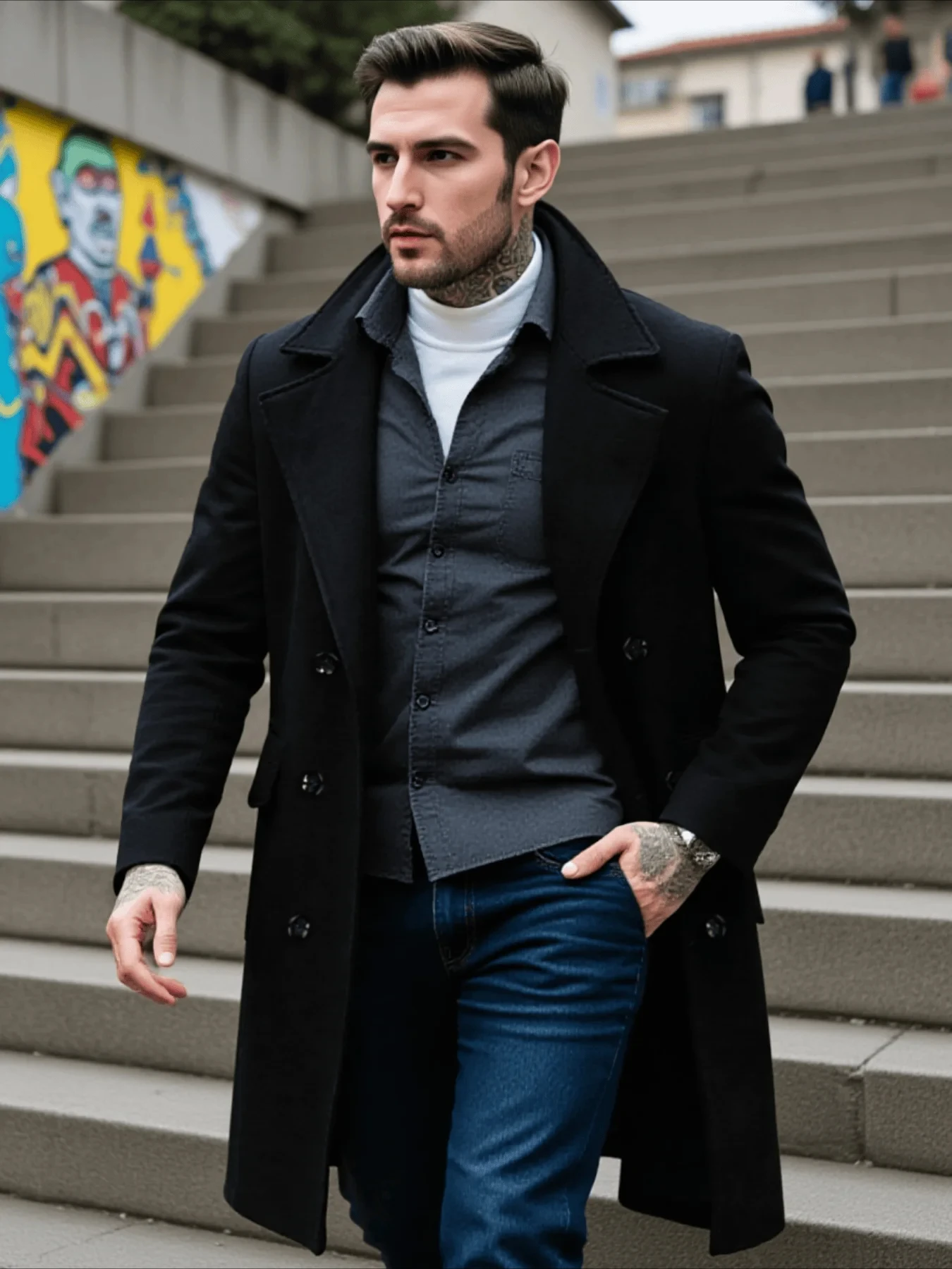 Men's Double-Breasted Trench Coat for Outdoor Commute Winter Thickened Warmth with Fashionable Tailoring Wool Overcoat
