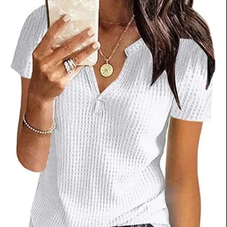 

Summer New Solid Color Short-sleeved V-neck Waffle Top