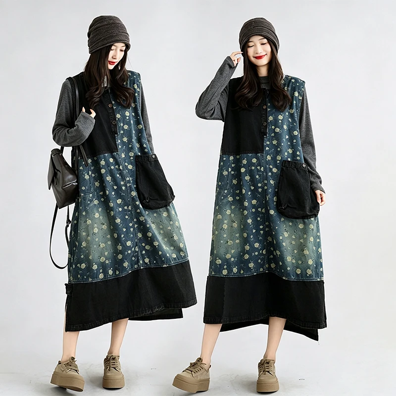 Retro Rose Print Midi Dress Women's Sleeveless Denim Loose Slimming Casual Washed Cotton Jeans Fabric Autumn Spring Dress